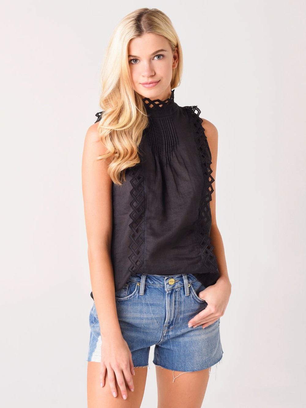 Frame ($475) Women's Embroidered High-Neck Sleeveless Blouse Sz S